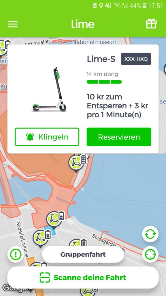 E-Scooter-Detailansicht in der Lime App
